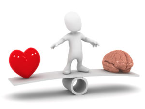 3d Little man balances heart and mind